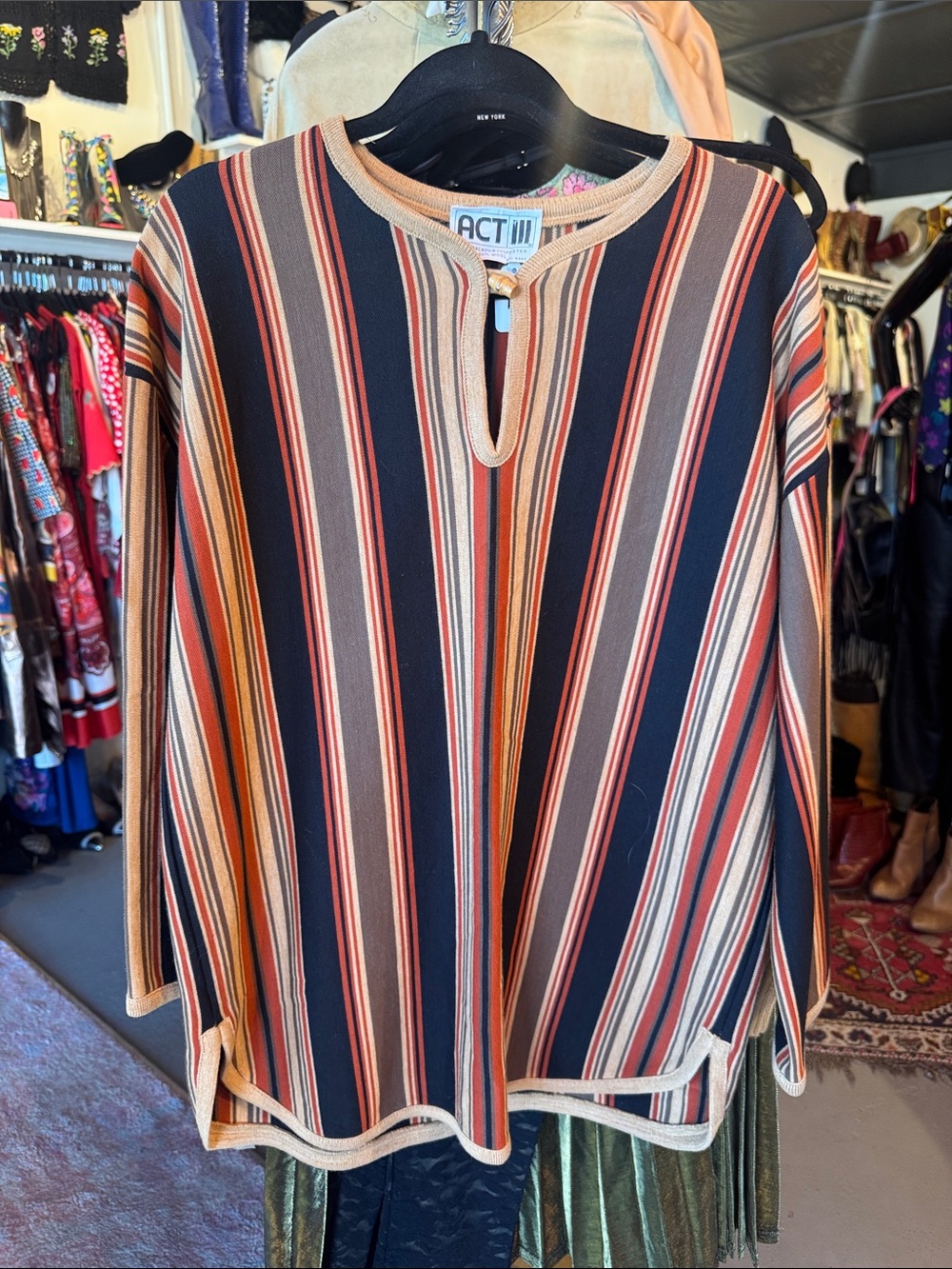 Vintage ACT III Striped Keyhole Crew Sweater in Black and Brown Stripe-Unisex
